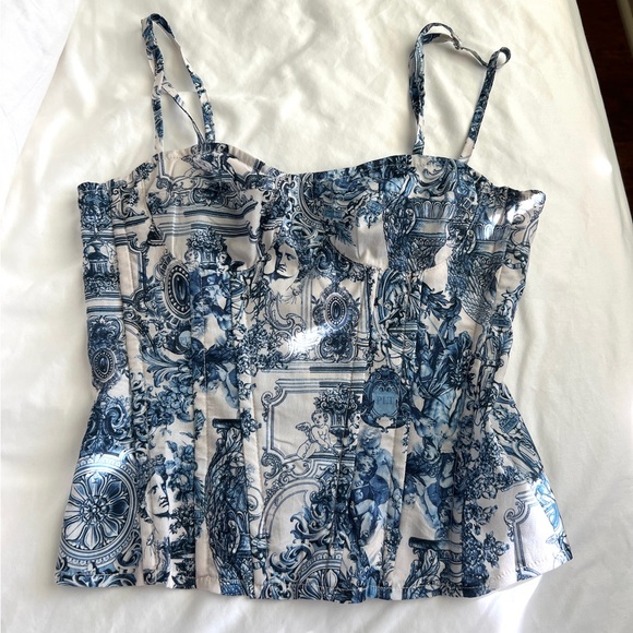 PLT Tops - Blue and White Renaissance Print Corset